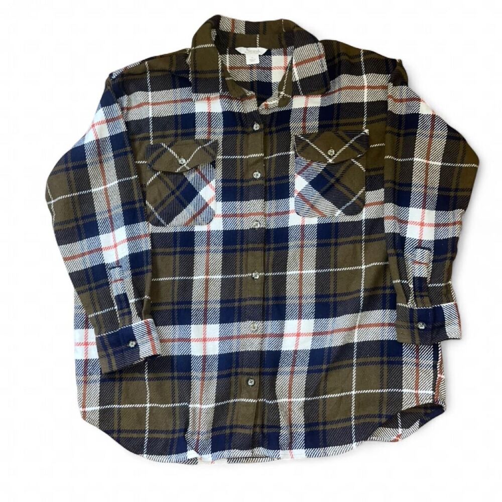 Natural Reflections Men's Navy and Olive Green Plaid Button Up Flannel SZ XL